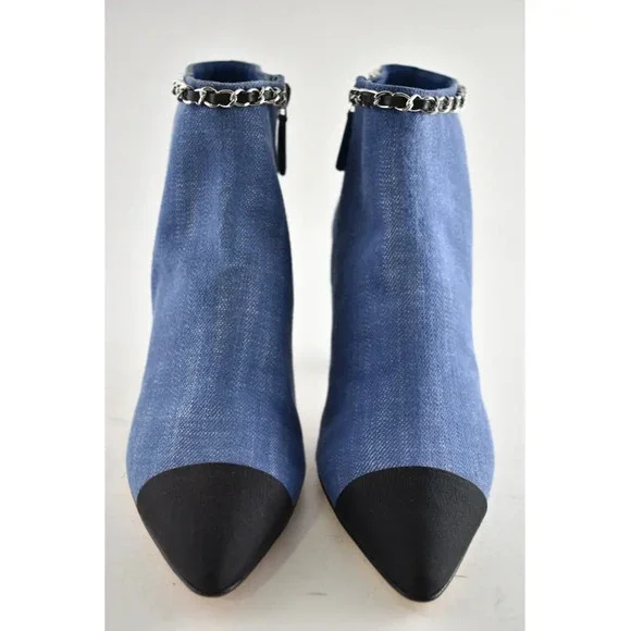 Chanel 20C Blue Denim Fabric Black Chain CC Logo Short Ankle Heel Boot Bootie 38 - Picture 5 of 12